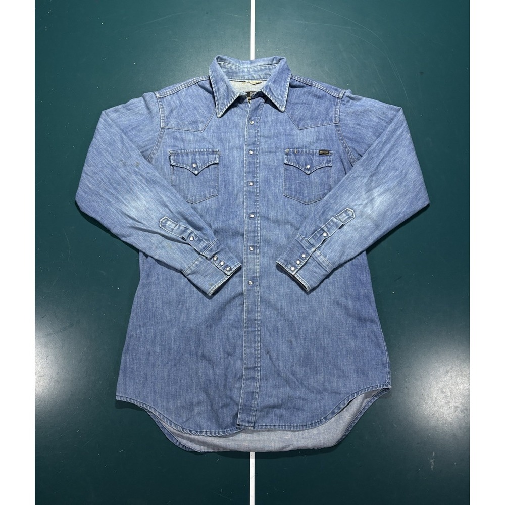 Vintage 70s Sears Roebucks Western Pearl Snap Denim Shirt Mens X-Tall XL Yoke